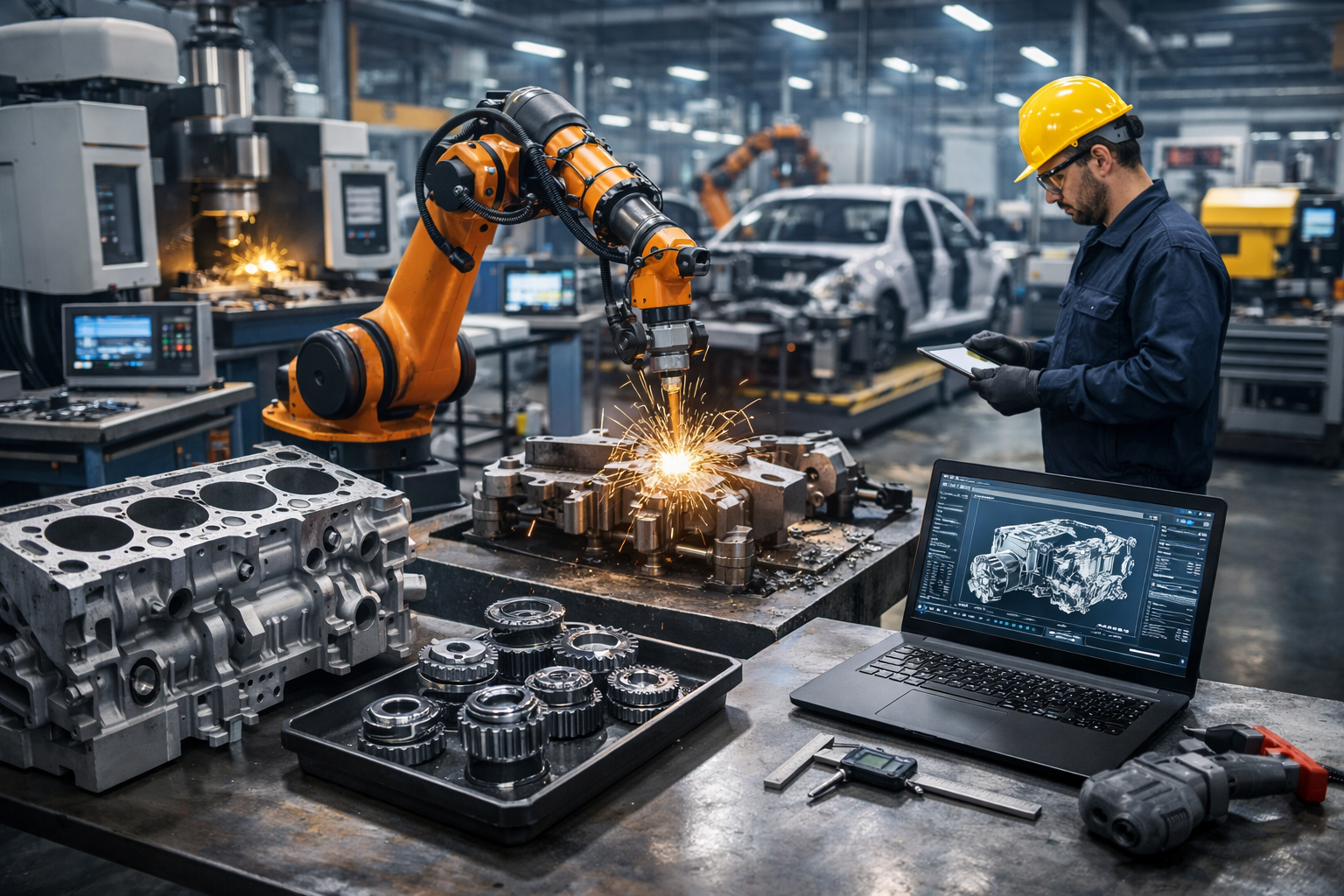 Automotive parts manufacturing facility with robotic welding, CNC machines, engine components, and CAD design on laptop