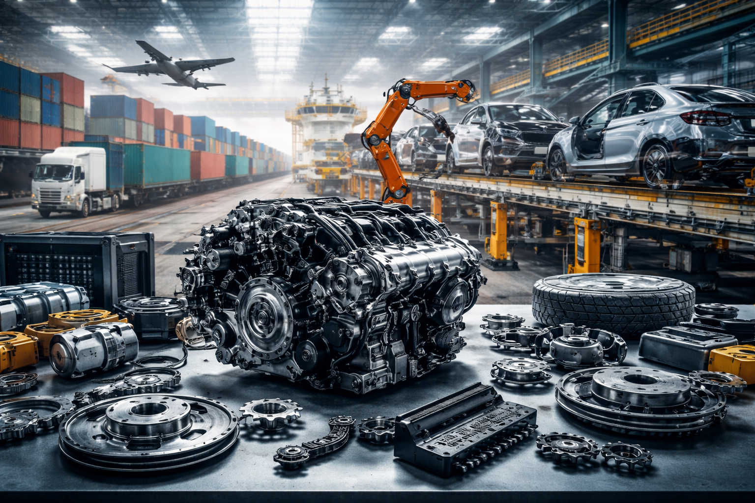 Automotive parts manufacturing supply chain showing engine components, robotic assembly line, and global logistics transportation