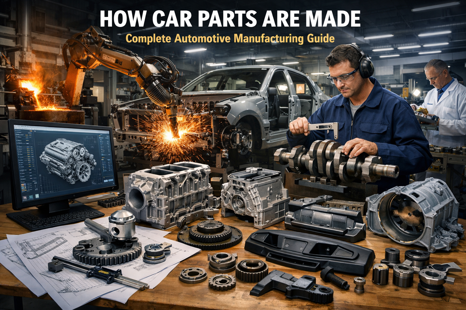How car parts are made in a modern automotive factory with robotic welding, CNC machining, and engineers inspecting engine components