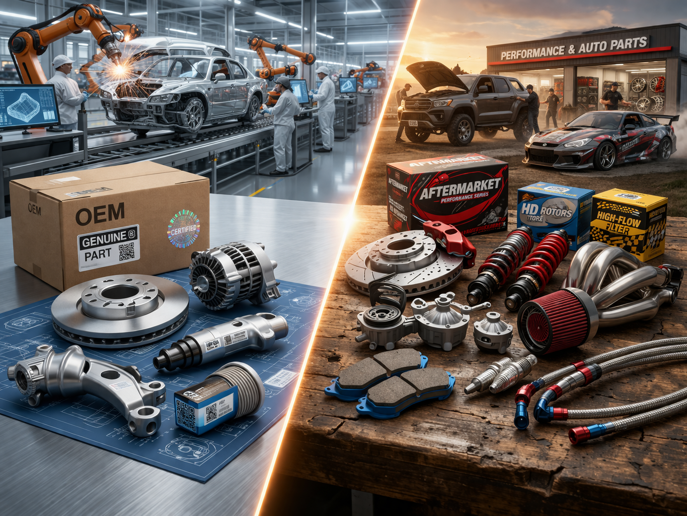 OEM vs aftermarket automotive parts manufacturing showing factory production line and performance parts workshop comparison