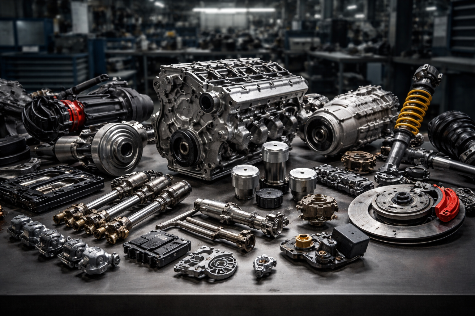 Automotive components including engine block, pistons, brake discs, suspension, and transmission parts on factory workbench