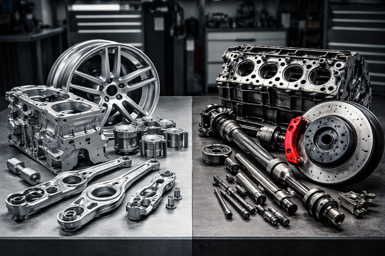 aluminum vs steel automotive parts comparison showing lightweight aluminum components and heavy steel automotive parts