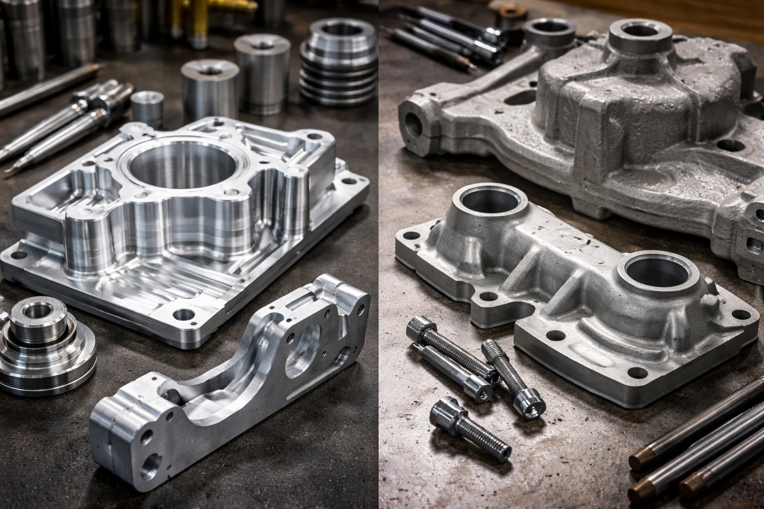 billet vs cast parts comparison showing precision machined billet components and rough cast metal parts