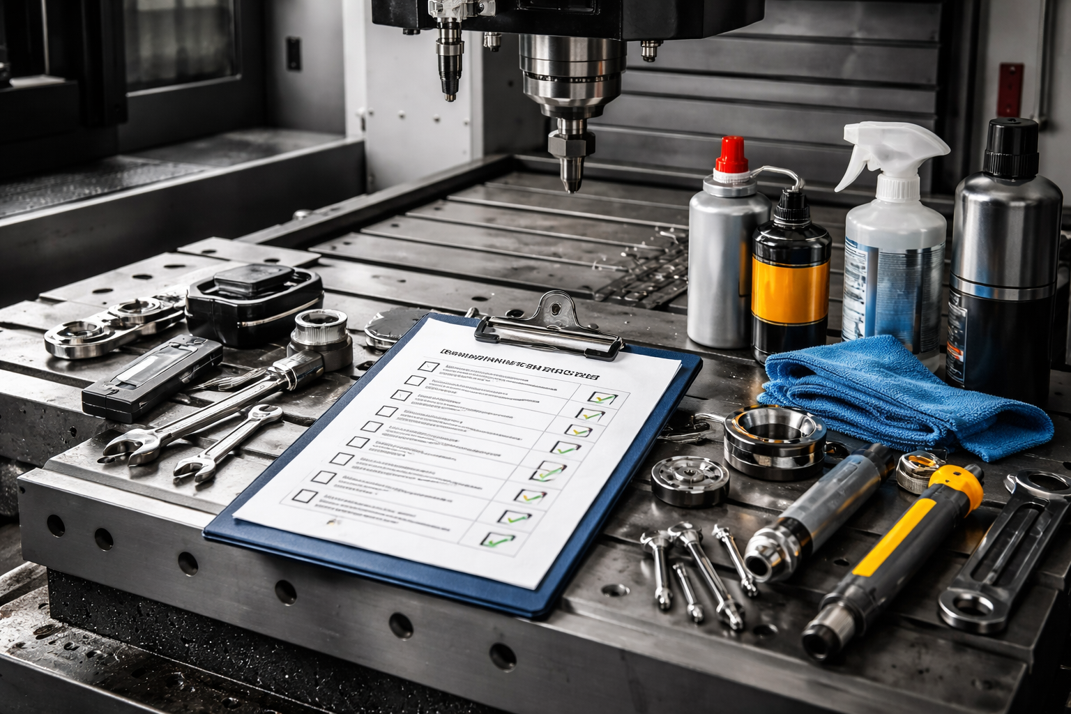 CNC machine maintenance checklist with tools, lubrication supplies, and inspection setup in industrial workshop