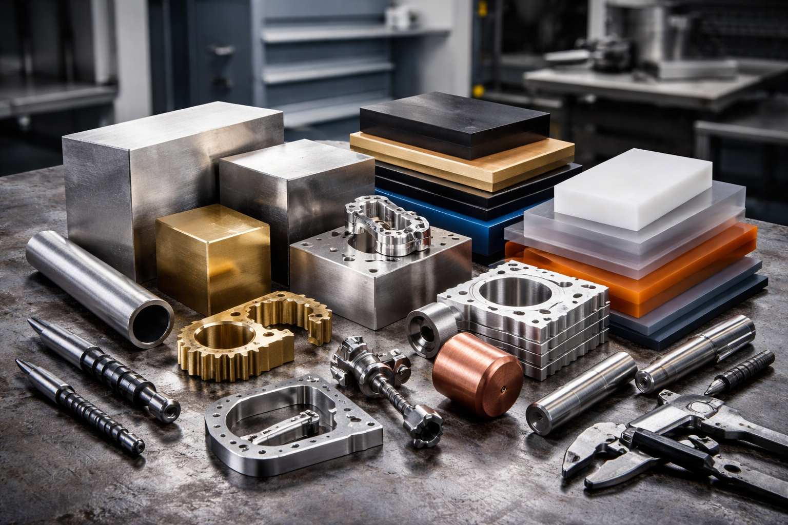 CNC machining materials including metal blocks, plastic sheets, and machined components in industrial workshop