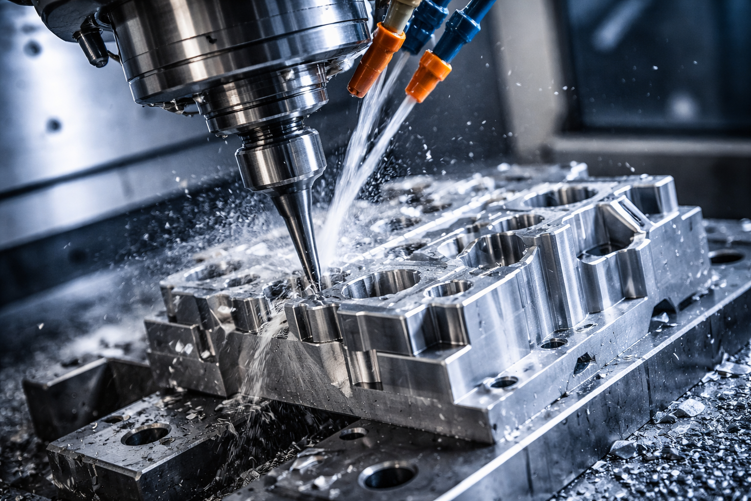 CNC machining process cutting aluminum block with milling machine and coolant for precision manufacturing