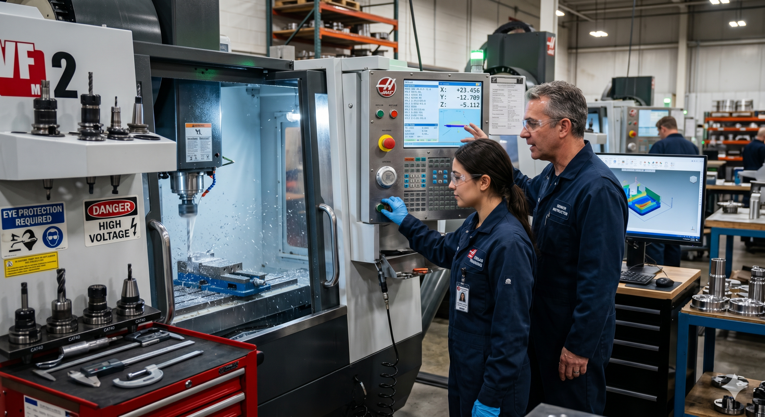 Instructor training a CNC operator on a milling machine using control panel and G-code interface in a modern workshop