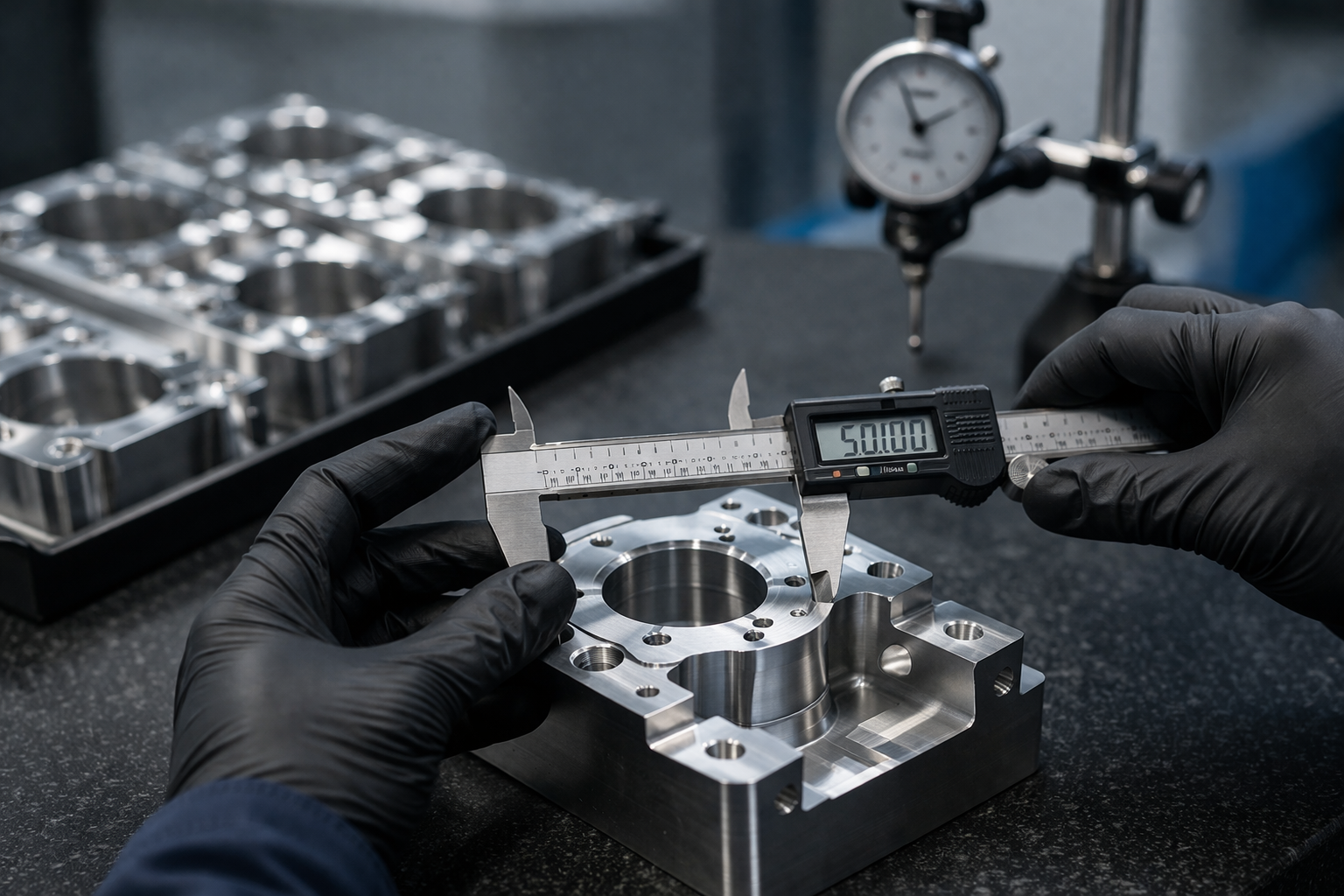 CNC tolerances explained with digital caliper measuring precision machined metal part in industrial workshop