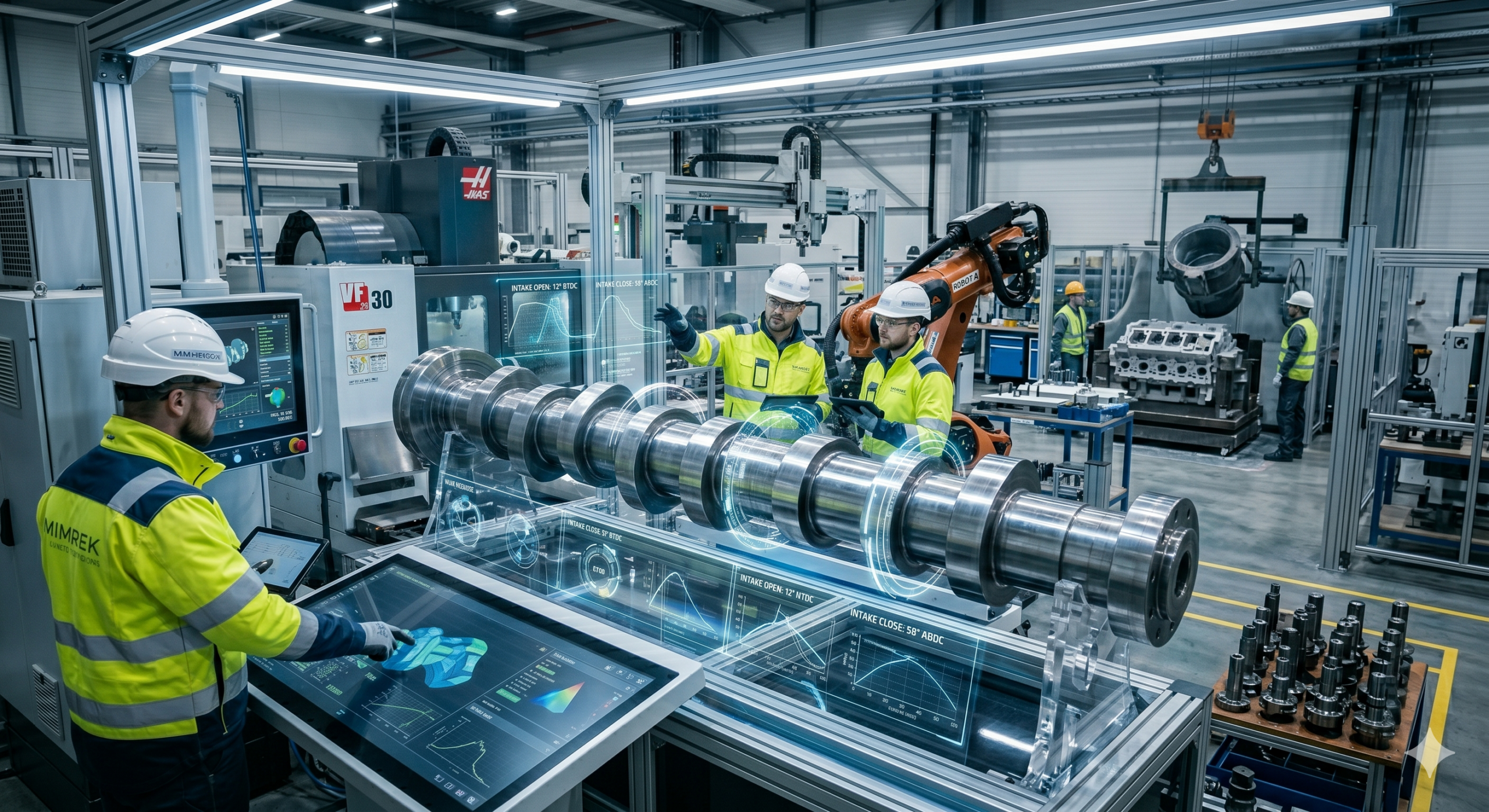 Advanced camshaft design and analysis in a smart factory showing CNC machining, robotic automation, and digital valve timing visualization