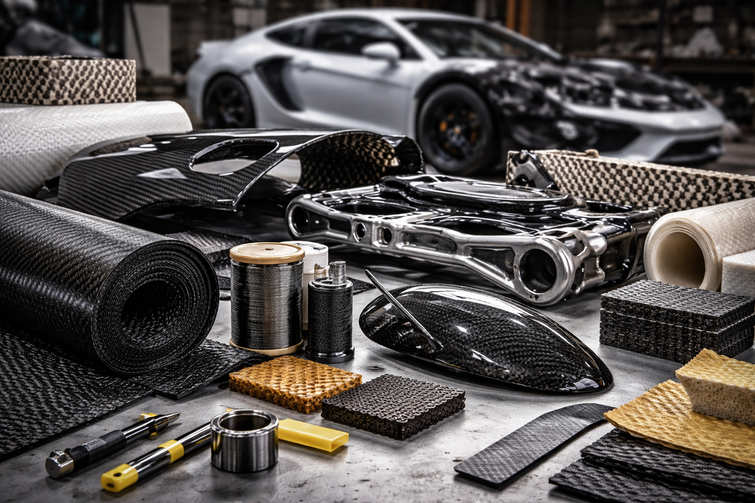 composite materials automotive including carbon fiber parts, reinforced polymers, and lightweight automotive components