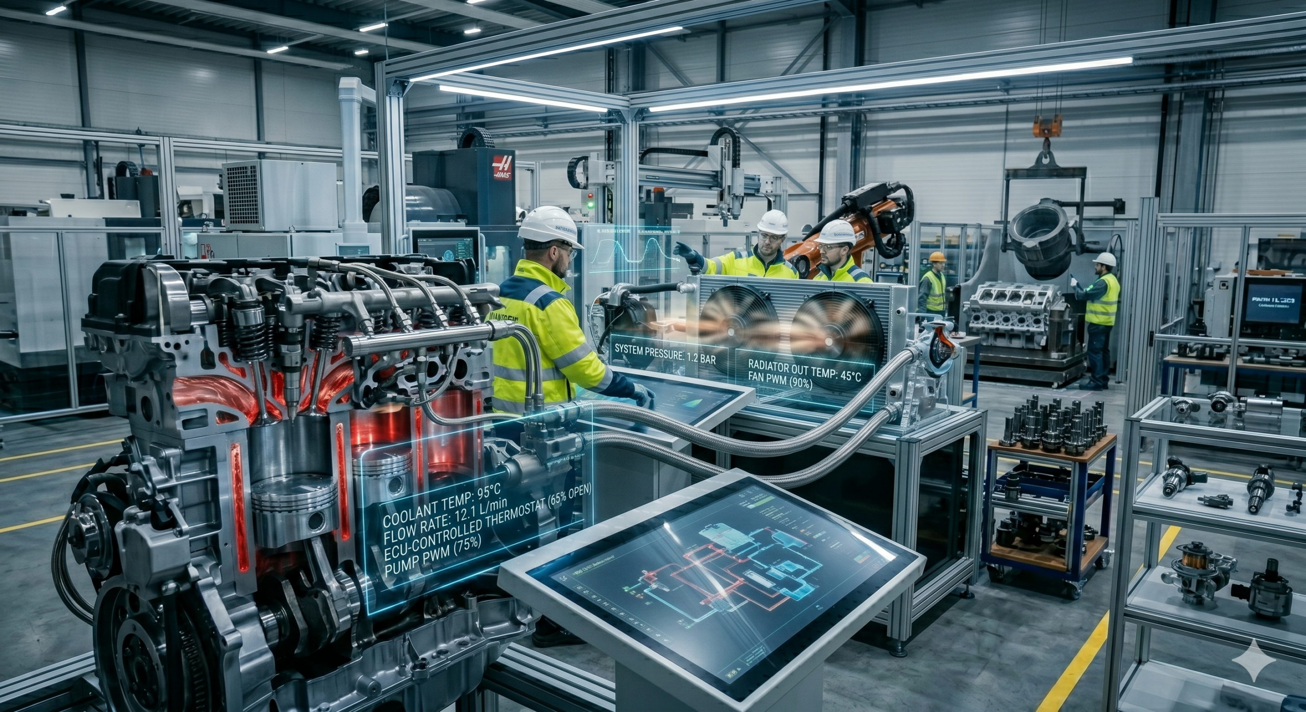 Advanced engine cooling system showing radiator, coolant flow, and ECU-controlled temperature monitoring in a modern automotive engineering lab