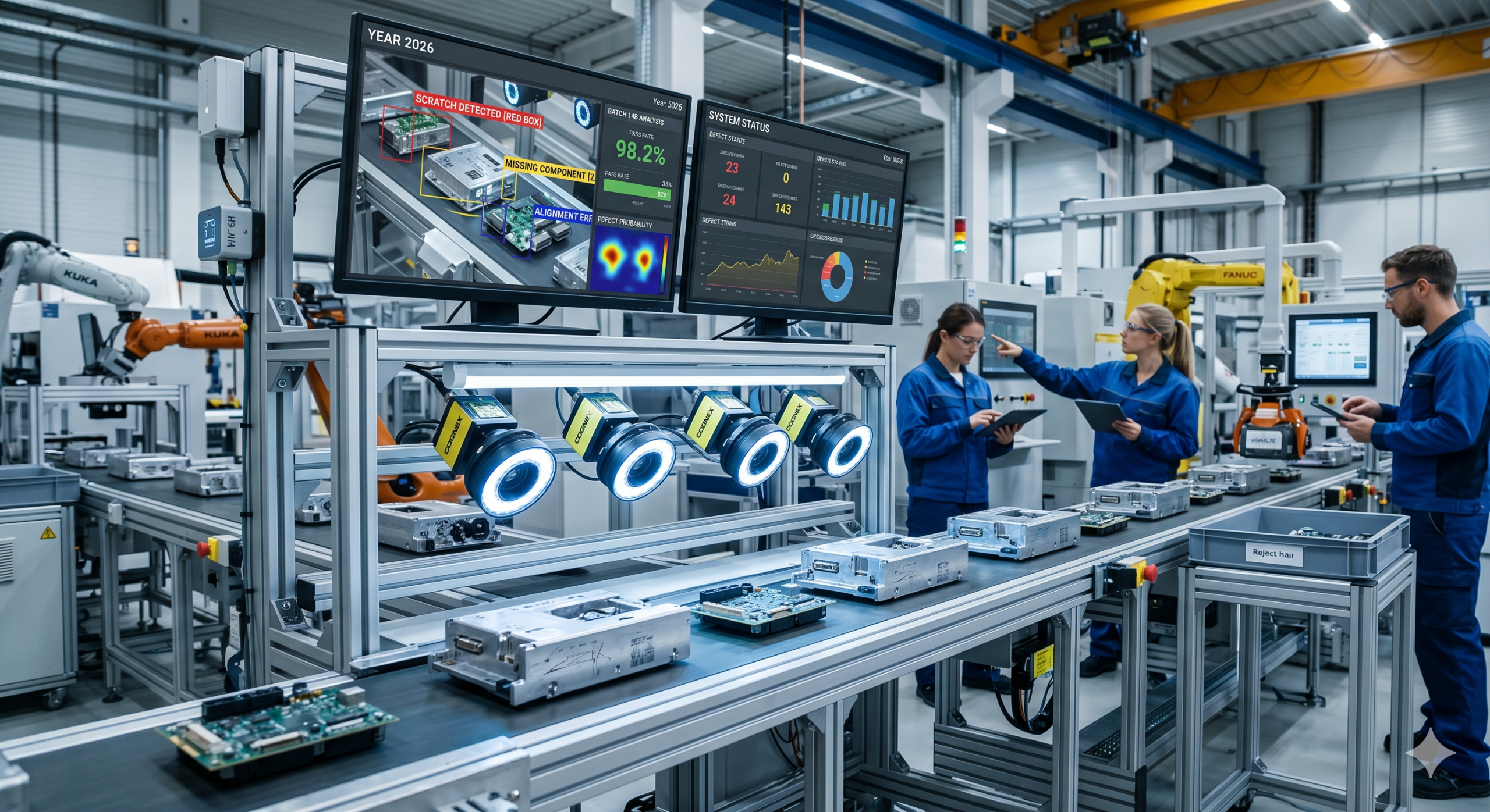 AI-powered defect detection manufacturing system inspecting electronic components on automated production line