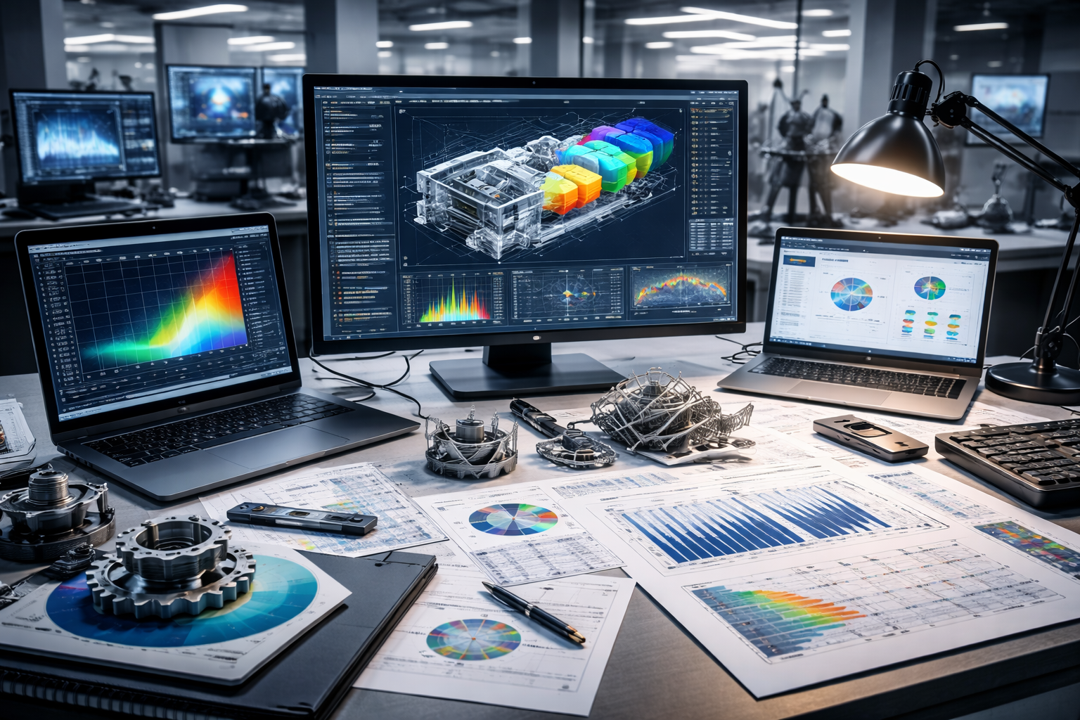 Design optimization workspace with CAD modeling, simulation analysis, and engineering tools for high-performance system development