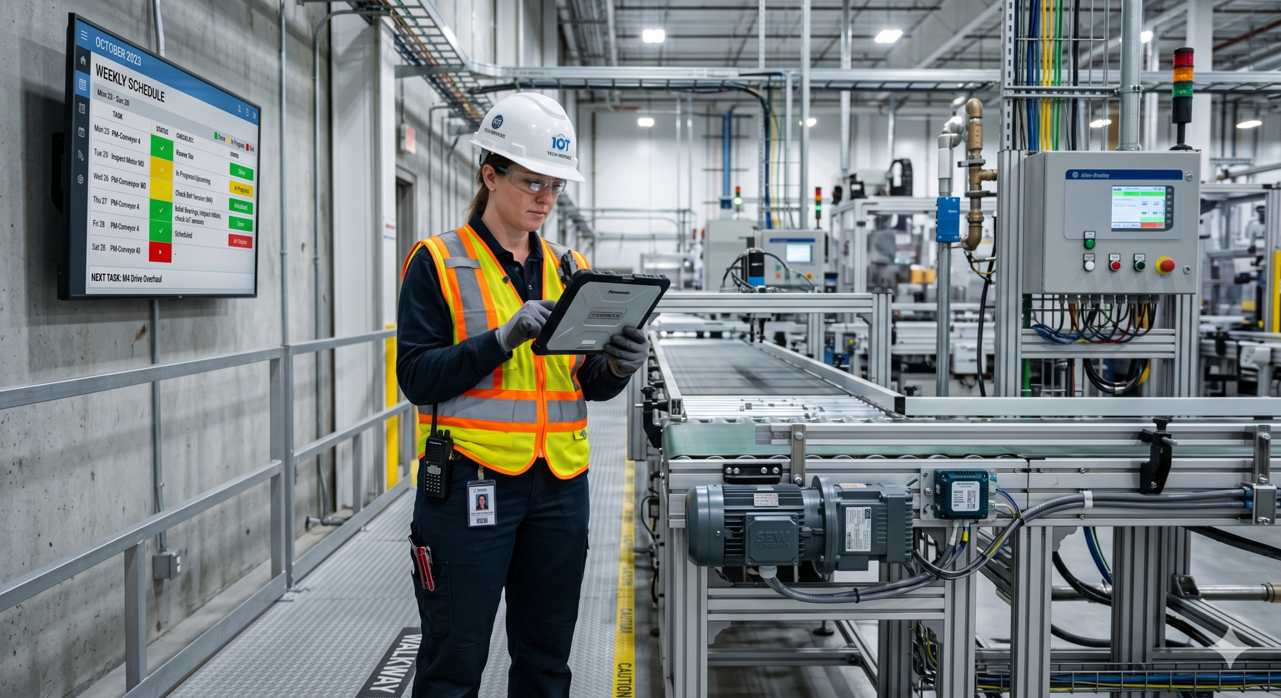 Technician reviewing an equipment maintenance schedule on a tablet beside industrial machinery in a modern factory