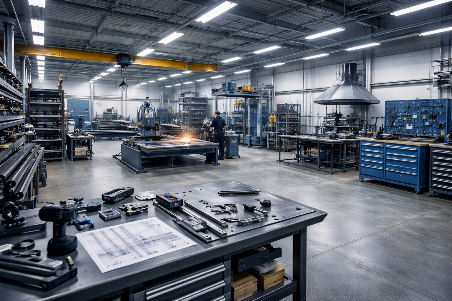 Fabrication workshop setup with CNC machines, welding stations, and organized industrial workspace for scalable production