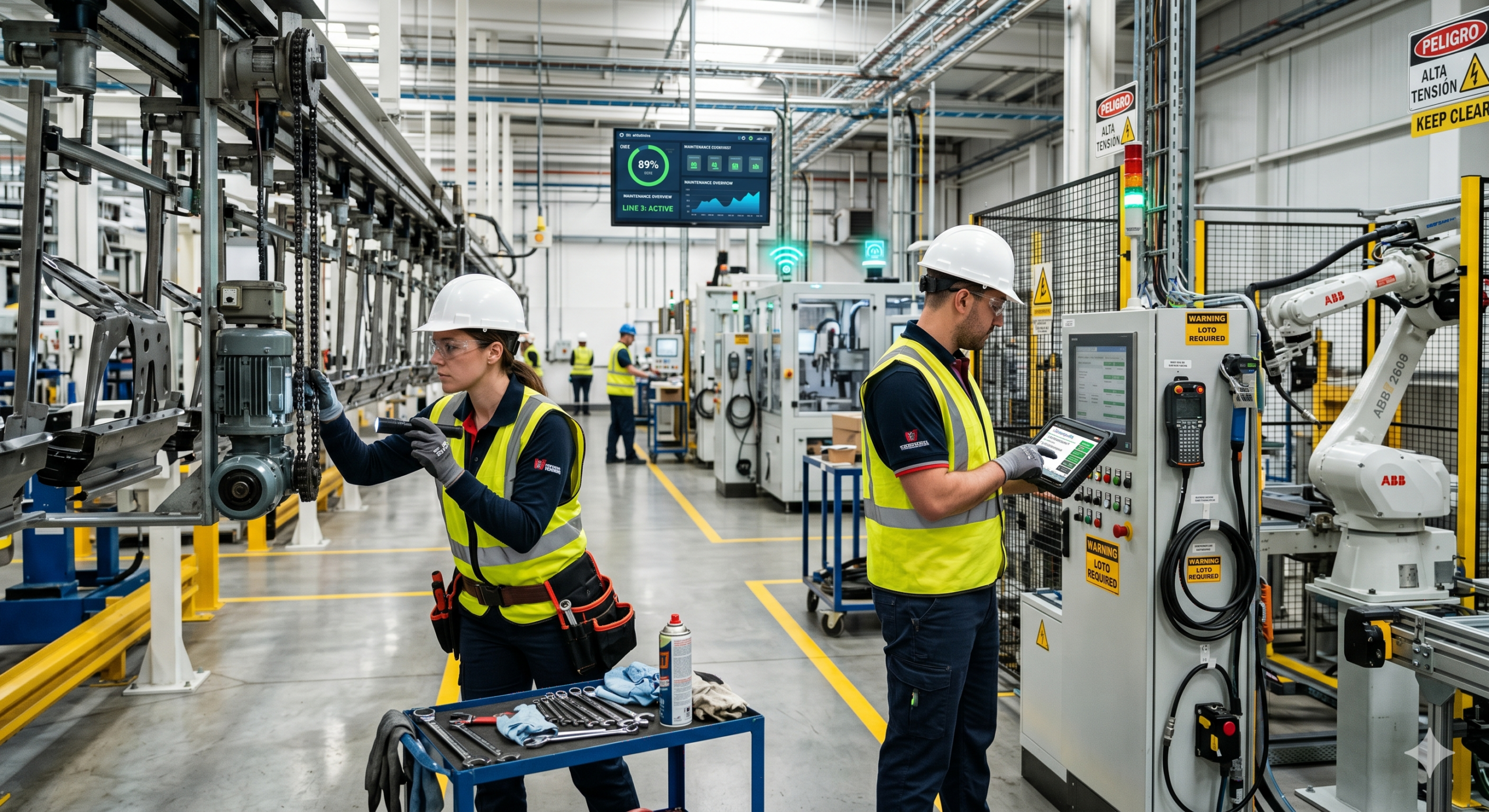 Technicians performing factory maintenance best practices using digital tools and inspecting industrial machinery in a smart factory
