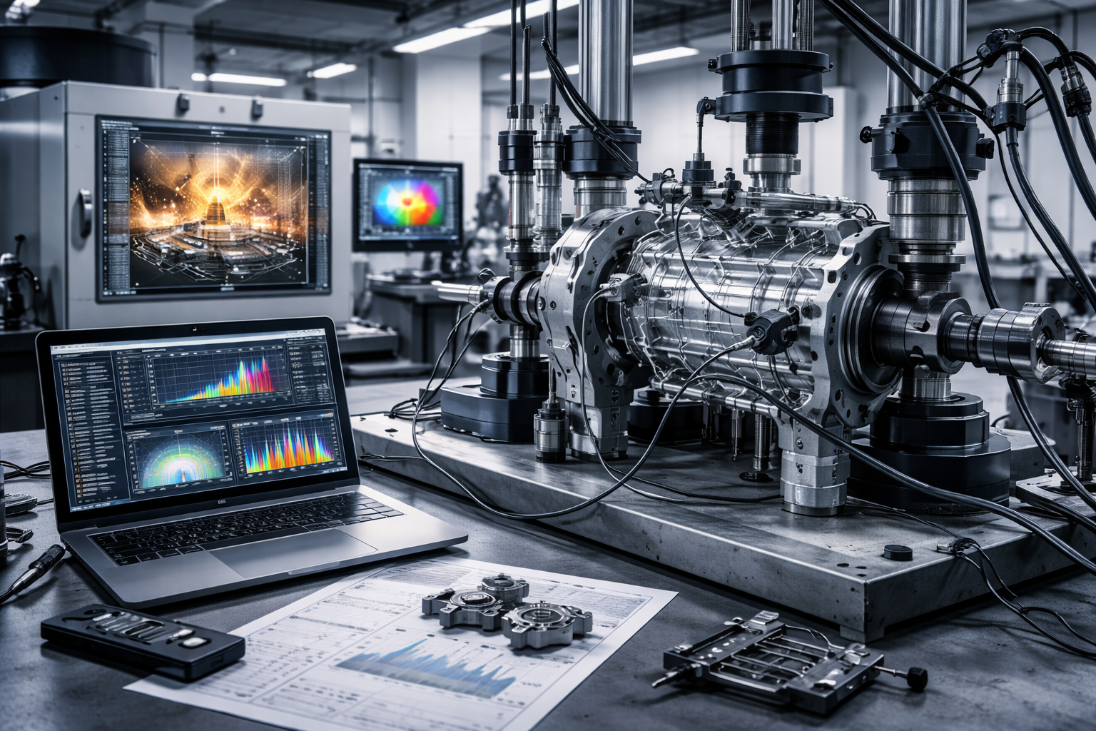 Failure testing methods with hydraulic stress testing machine analyzing cracked metal component and real-time engineering data