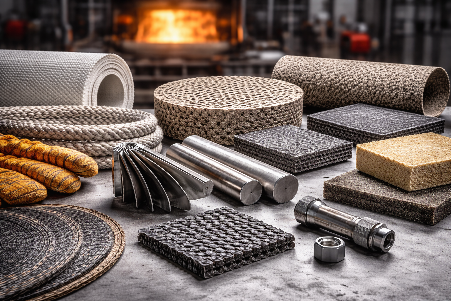 heat resistant materials including ceramics, metal alloys, and insulation materials used in high temperature industrial environments