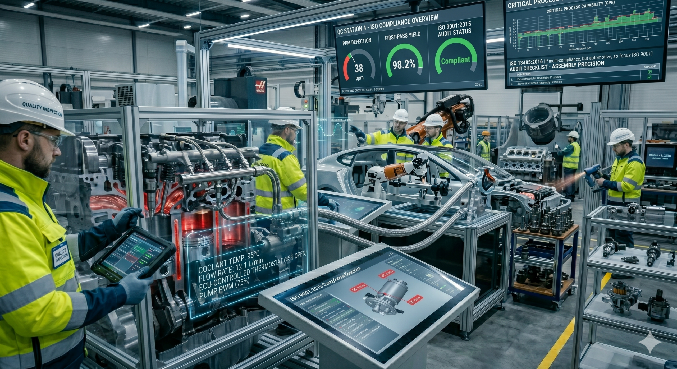 Automotive ISO standards quality inspection in a smart factory showing engineers, robotic assembly, and real-time compliance monitoring dashboards