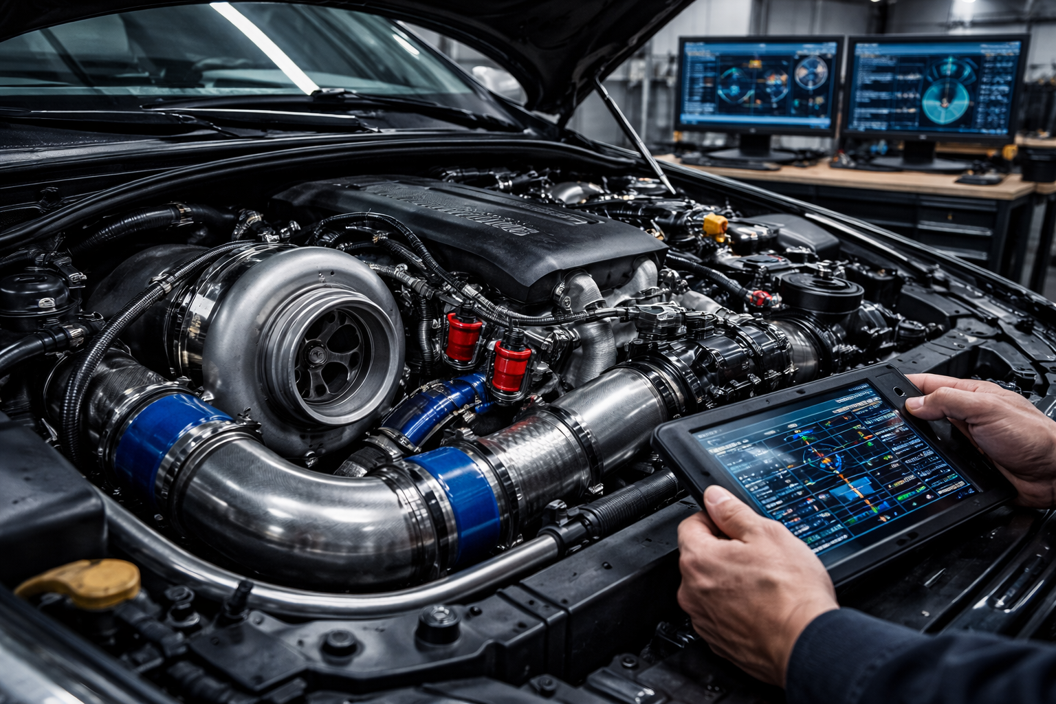 Mechanic optimizing engine efficiency with turbocharged system and real-time diagnostics in a modern automotive workshop