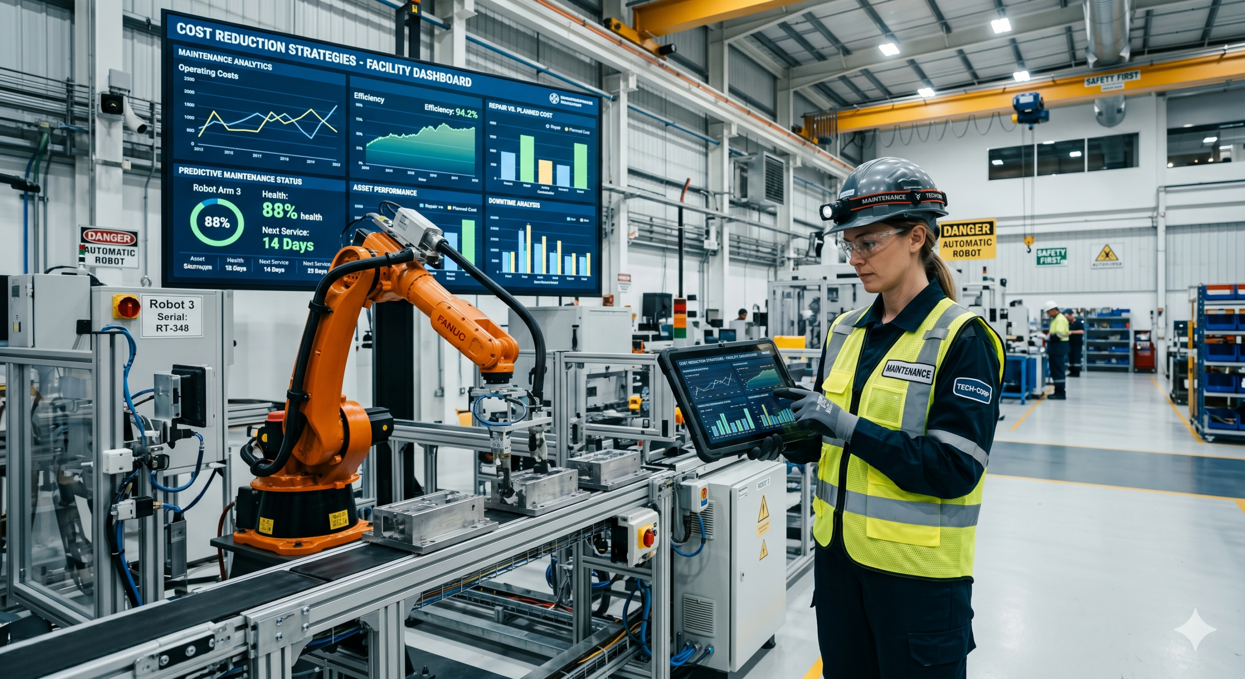 Engineer analyzing maintenance cost reduction strategies on a tablet with industrial machinery and analytics dashboard in a smart factory
