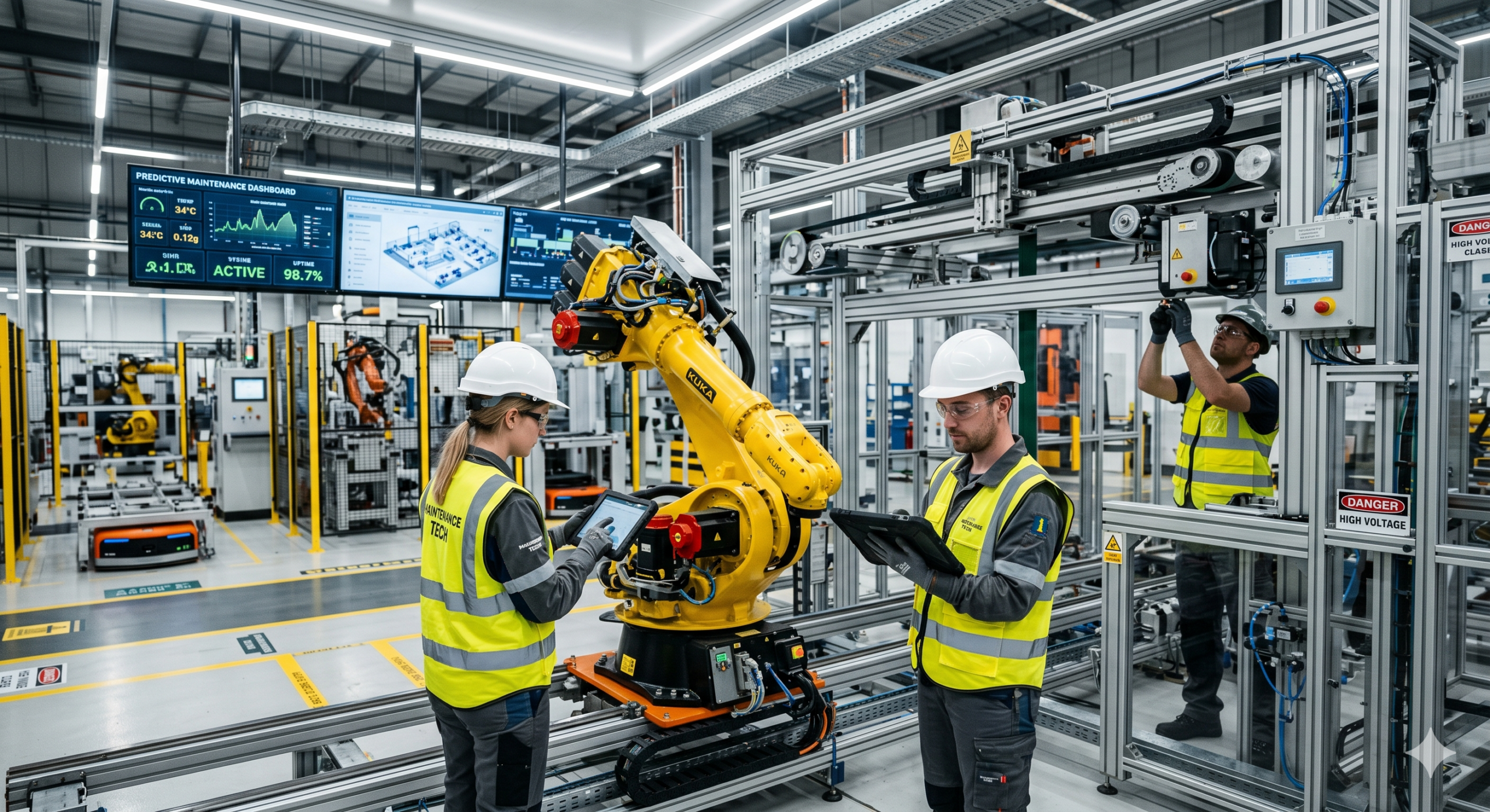 Technicians performing manufacturing facility maintenance on industrial machines using predictive analytics tools in a smart factory