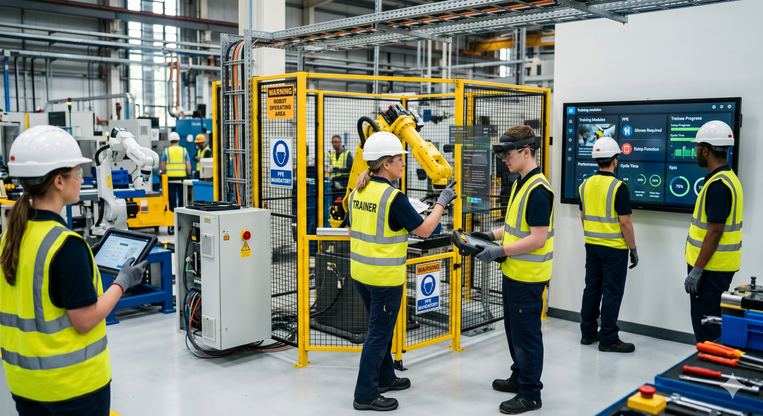 Workers participating in manufacturing training programs using robotics, tablets, and digital dashboards in a smart factory