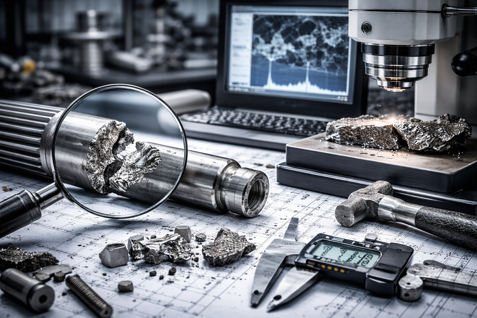 material failure analysis showing fractured metal component under inspection with microscope and measuring tools