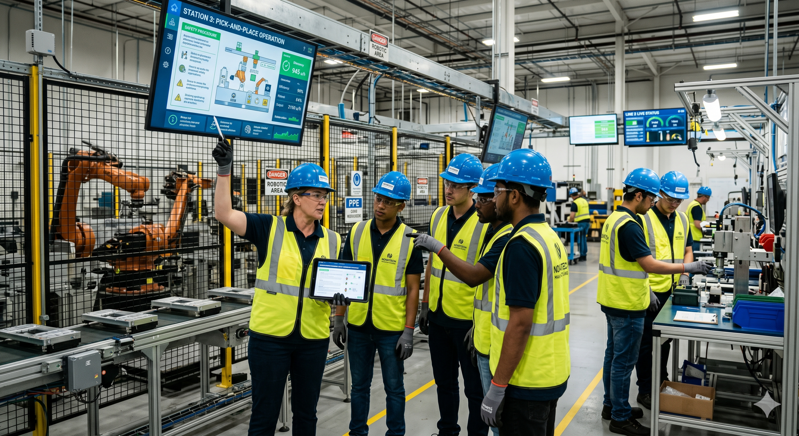 Supervisor onboarding factory workers with digital training dashboard and hands-on guidance in a modern manufacturing facility