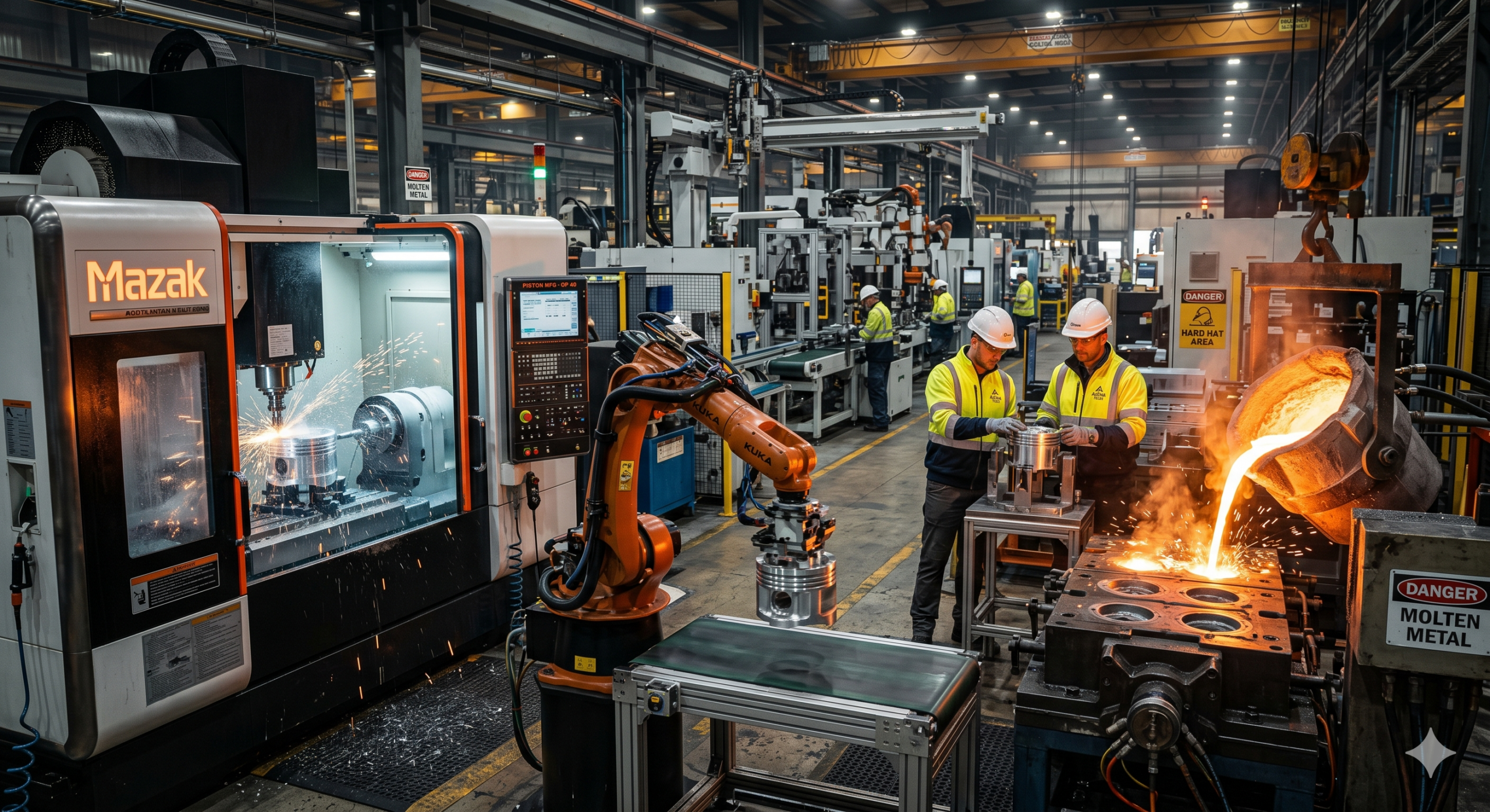 pistons manufacturing process in modern factory with cnc machining and molten metal casting