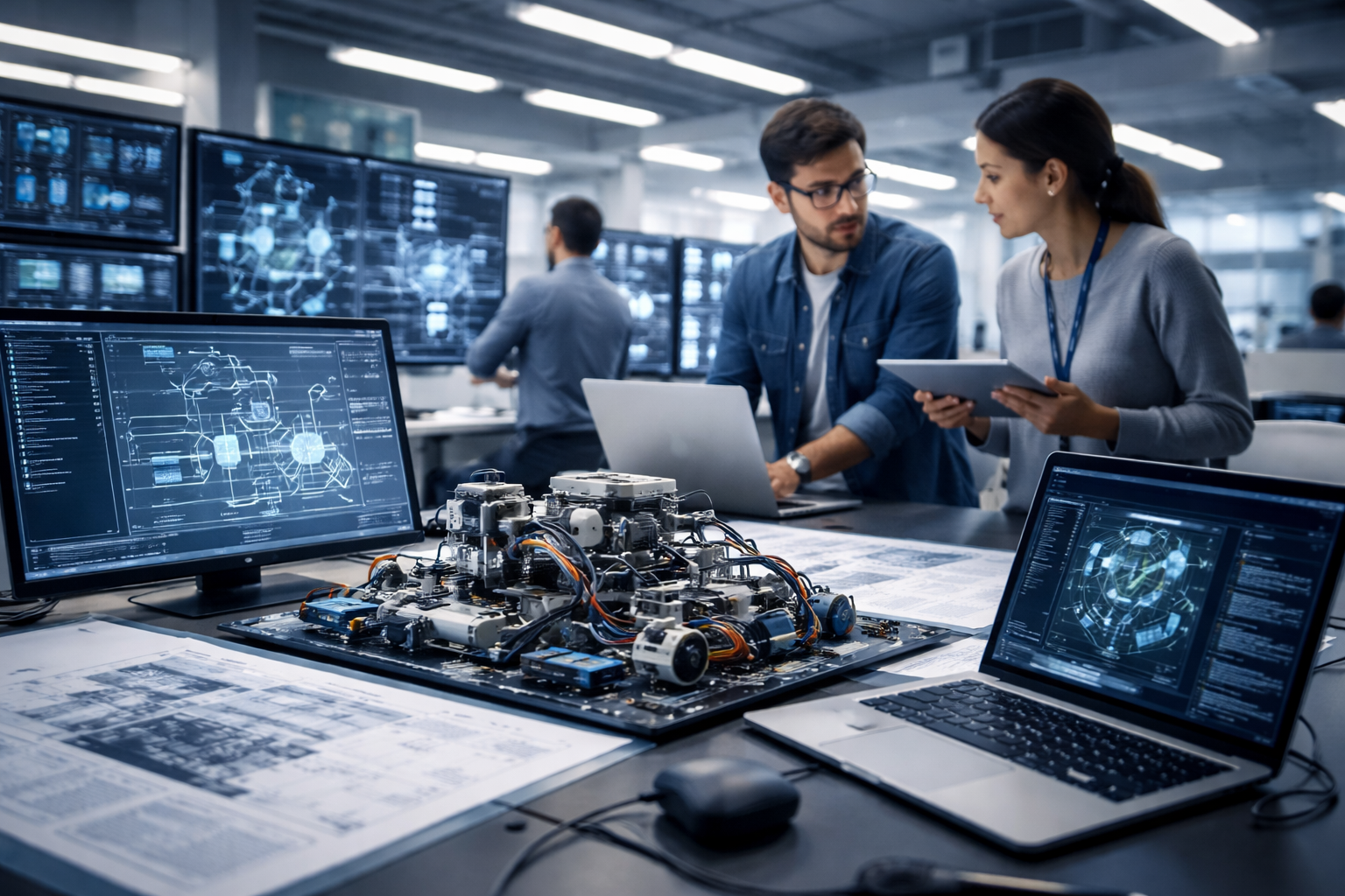 Prototype to production process with engineers building a hardware prototype and analyzing system architecture on multiple screens