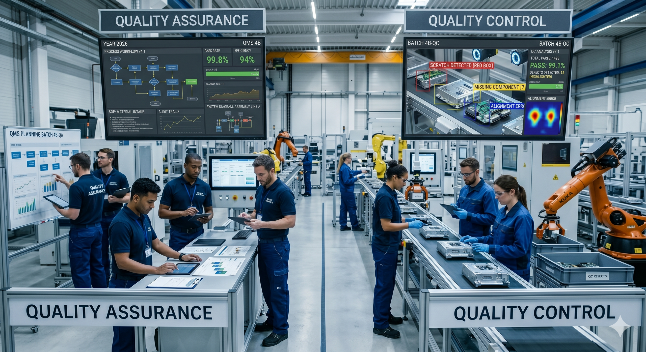 Quality assurance vs quality control in manufacturing showing process planning and product inspection on production line