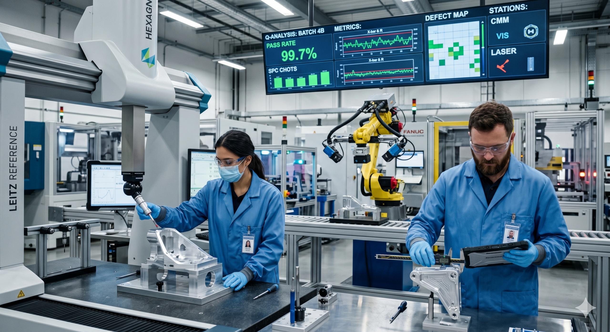 Advanced quality inspection methods using CMM, digital calipers, and automated systems in a modern smart manufacturing facility