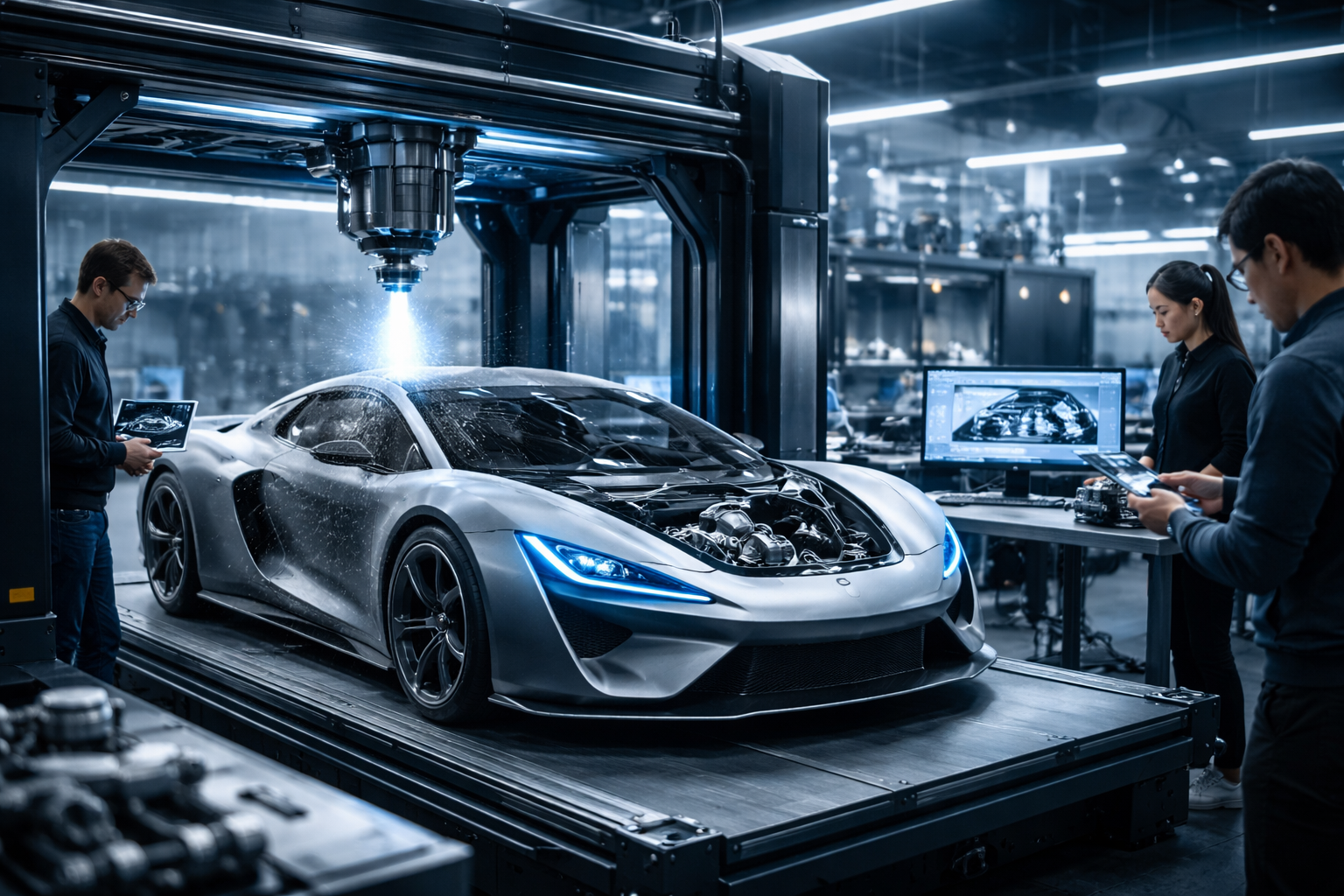 Automotive engineers using 3D printing for rapid prototyping of a car component in a high-tech development lab