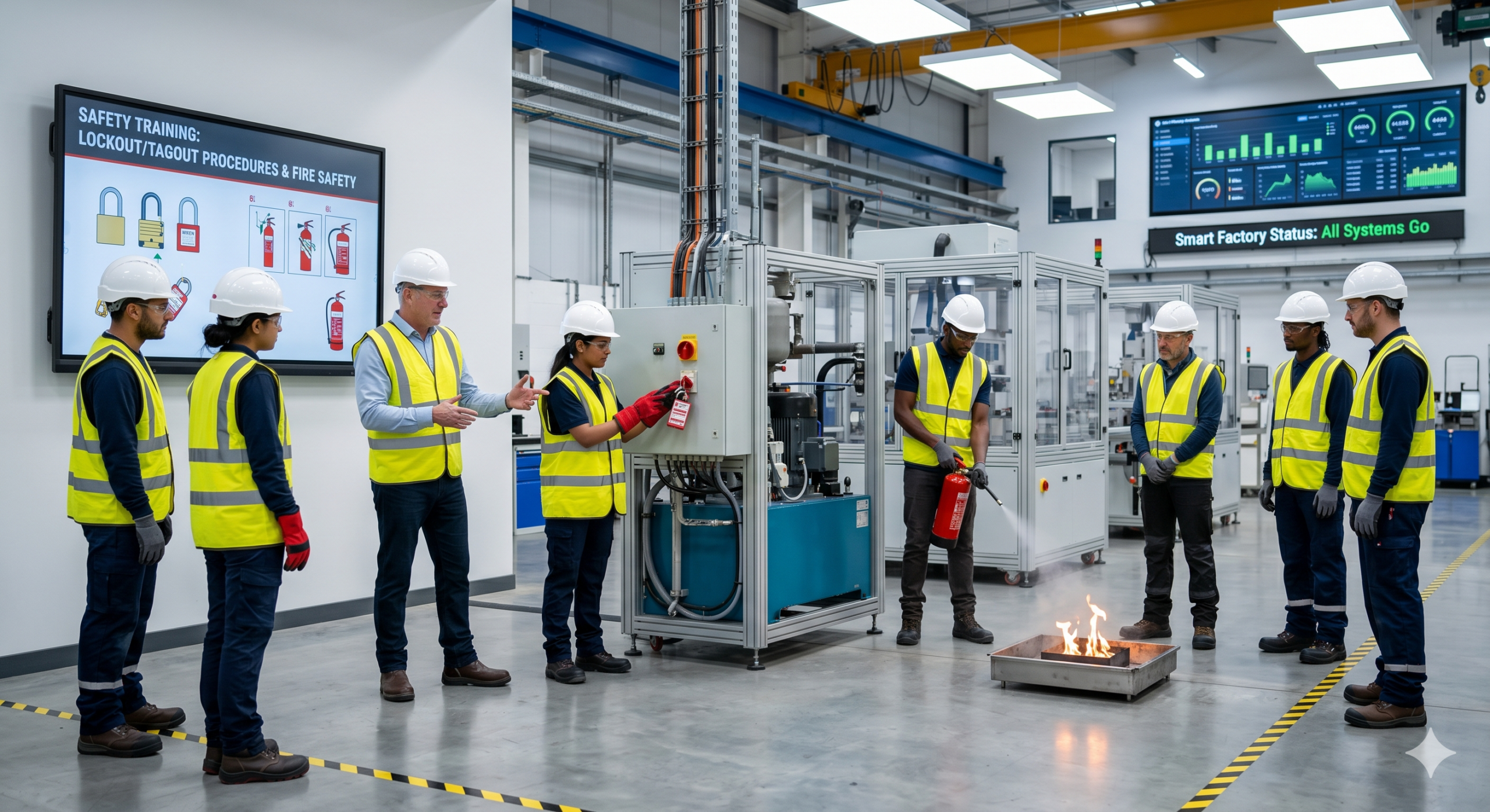 Workers performing safety training in manufacturing with fire drill and lockout tagout procedures in a smart factory