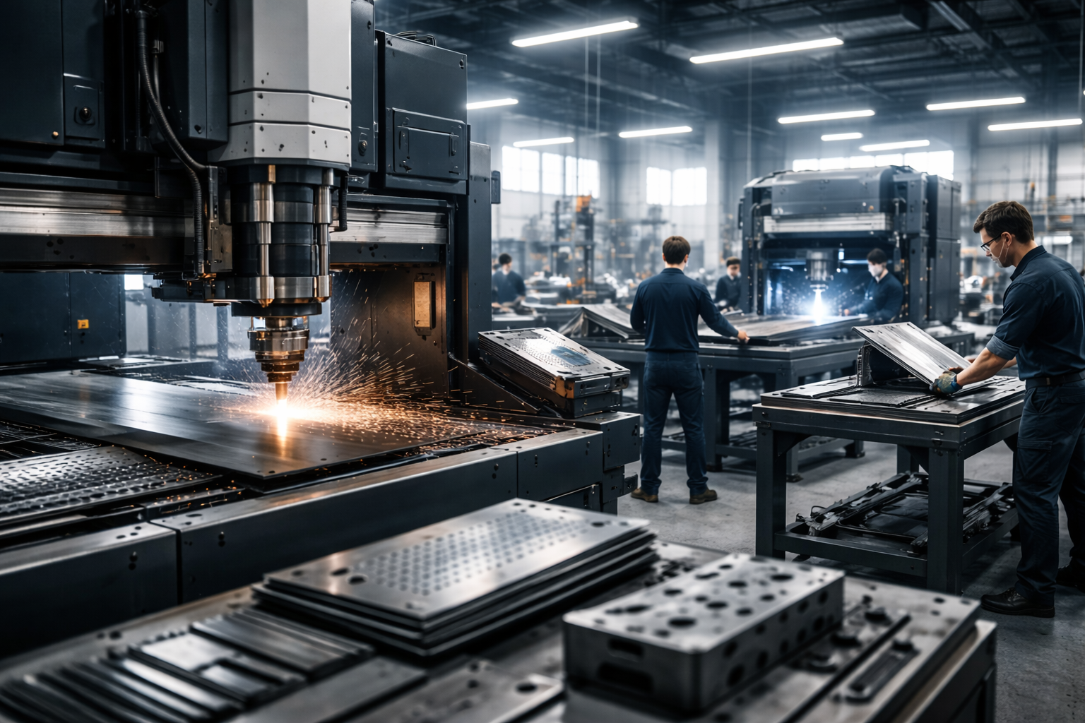 Technicians operating laser cutting and bending machines in a modern sheet metal fabrication workshop