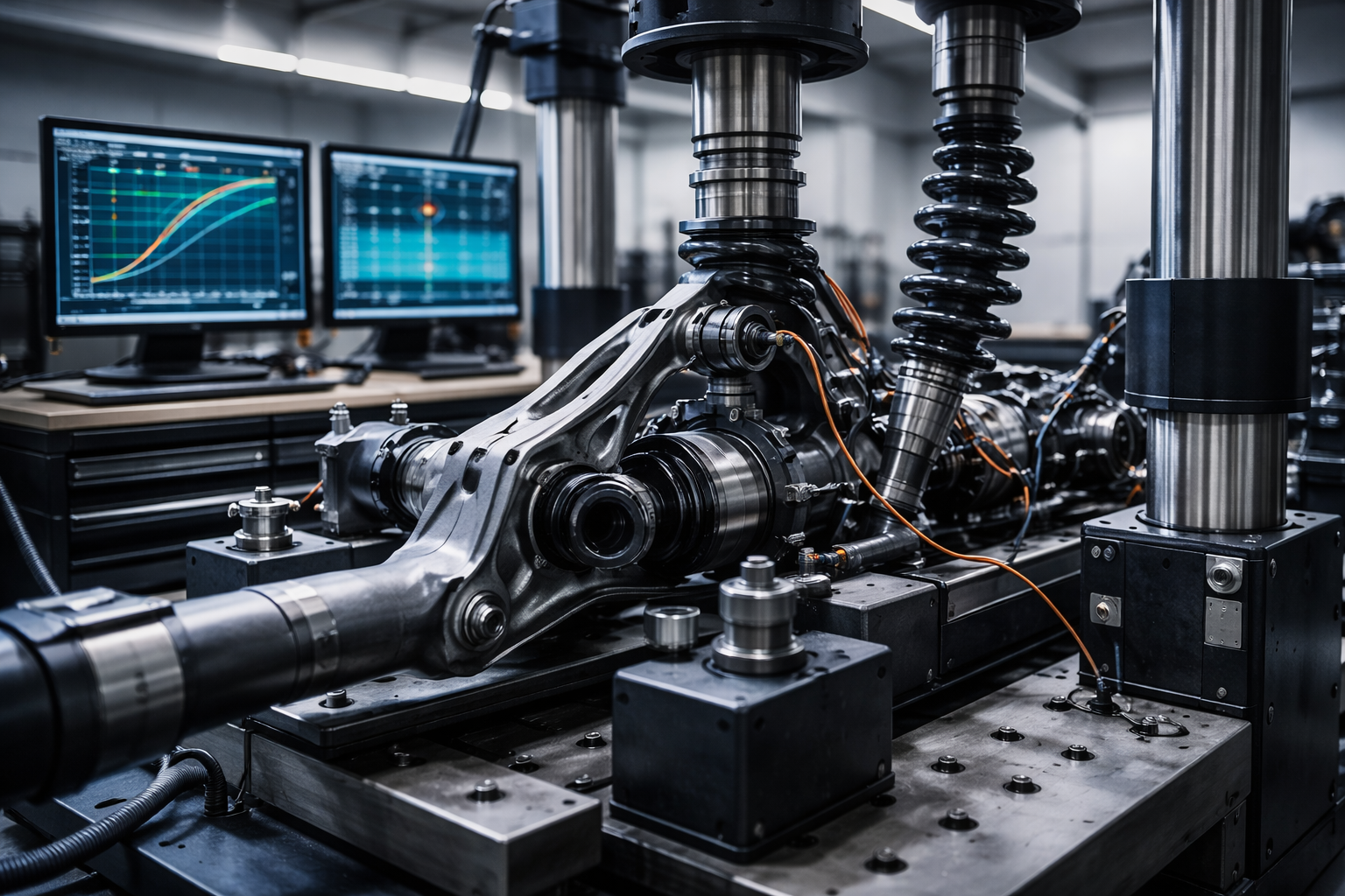 Stress testing car parts with hydraulic rig and sensors measuring durability and load performance in automotive testing lab