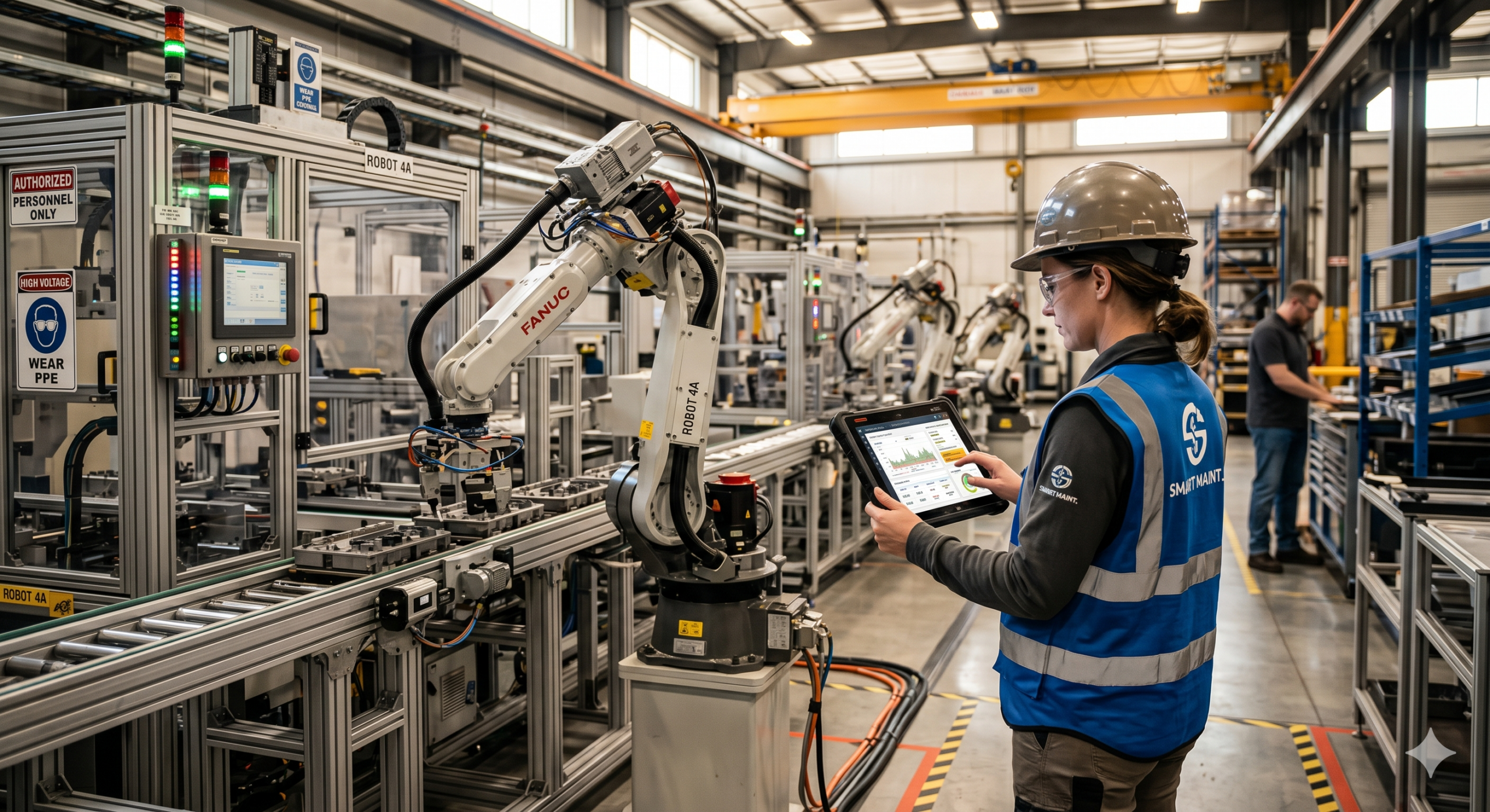 Technician using a tablet to monitor predictive maintenance data on robotic manufacturing equipment in a smart factory