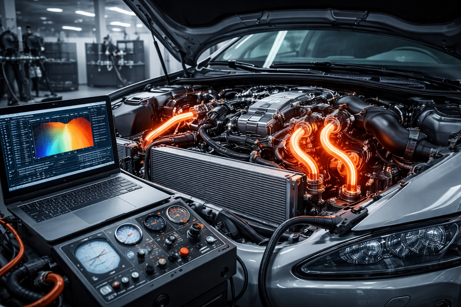 Thermal management automotive system with engine cooling, heat flow visualization, and diagnostic monitoring in modern vehicle setup