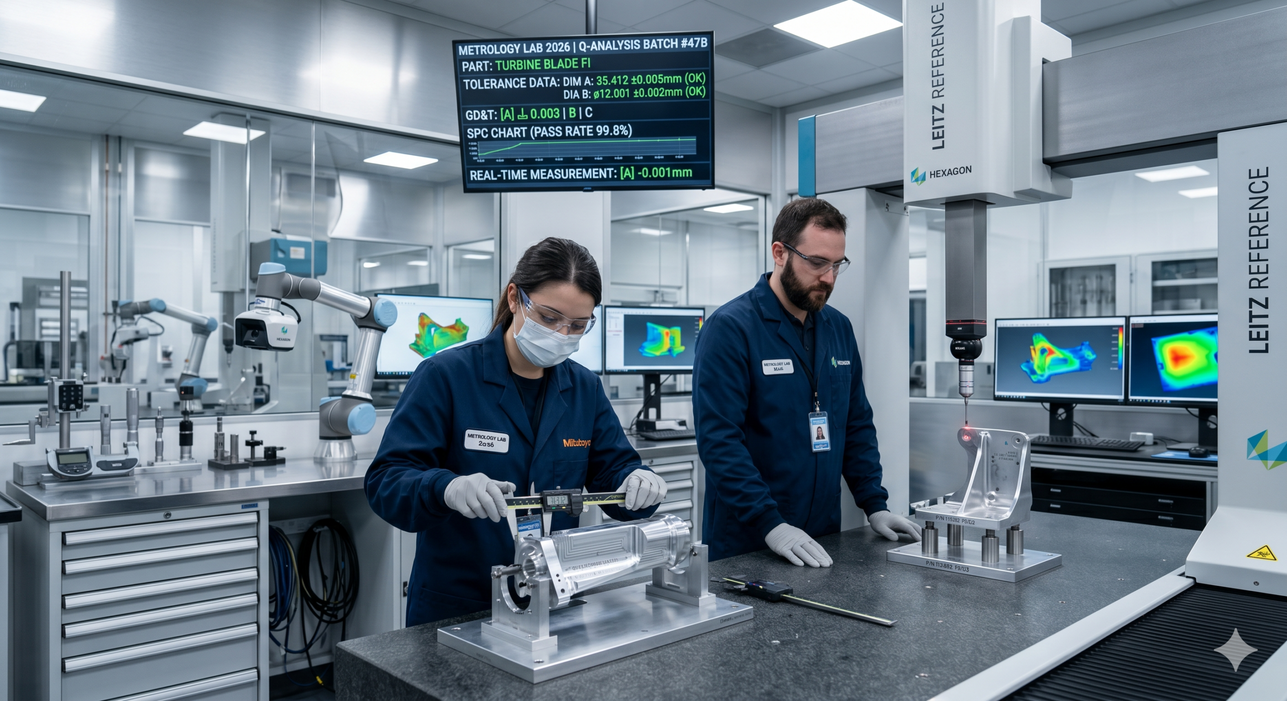 Tolerance measurement tools in a metrology lab using CMM, digital calipers, and real-time GD&T analysis for precision engineering