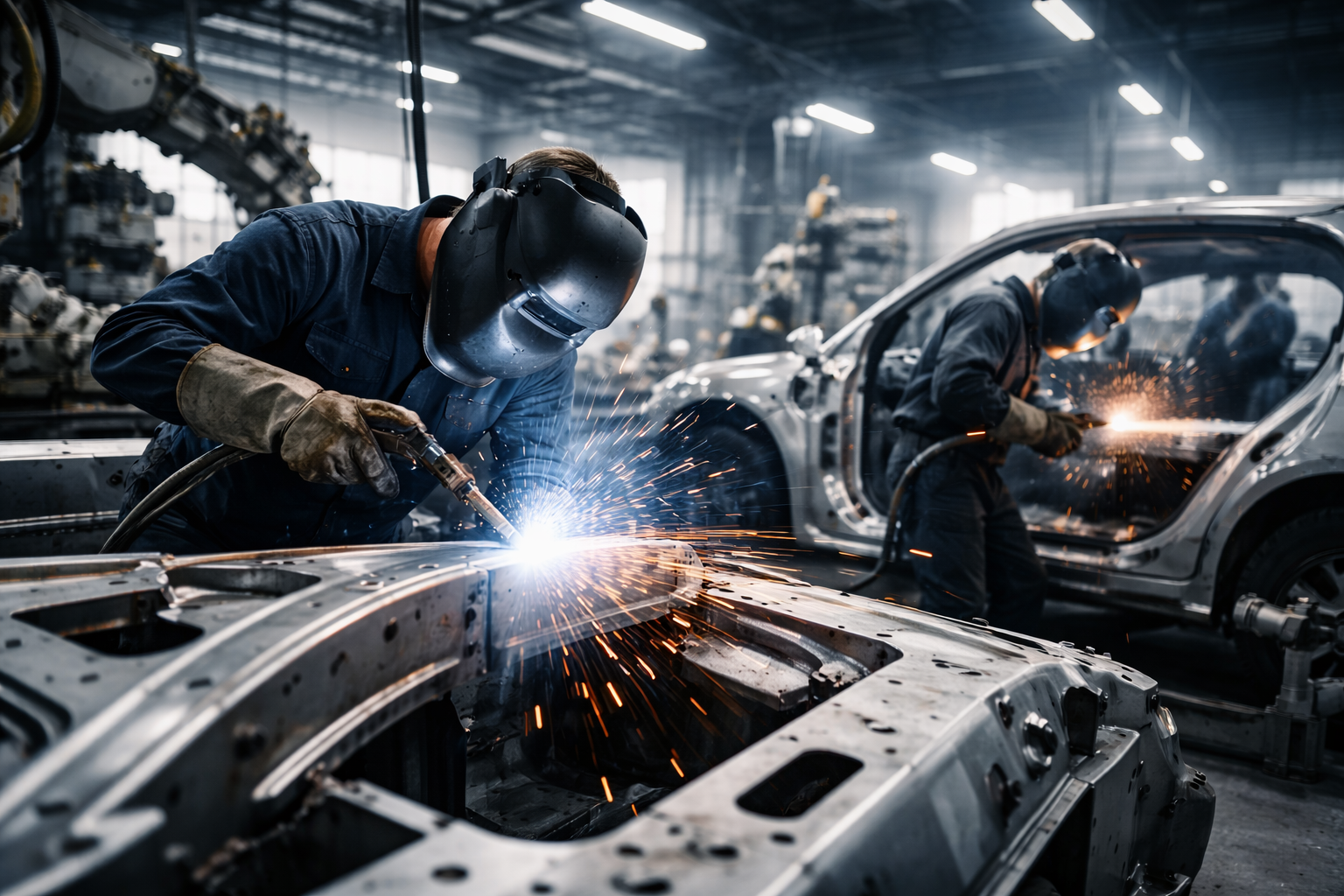 Automotive welders using MIG and TIG welding techniques on a car frame in a modern manufacturing facility