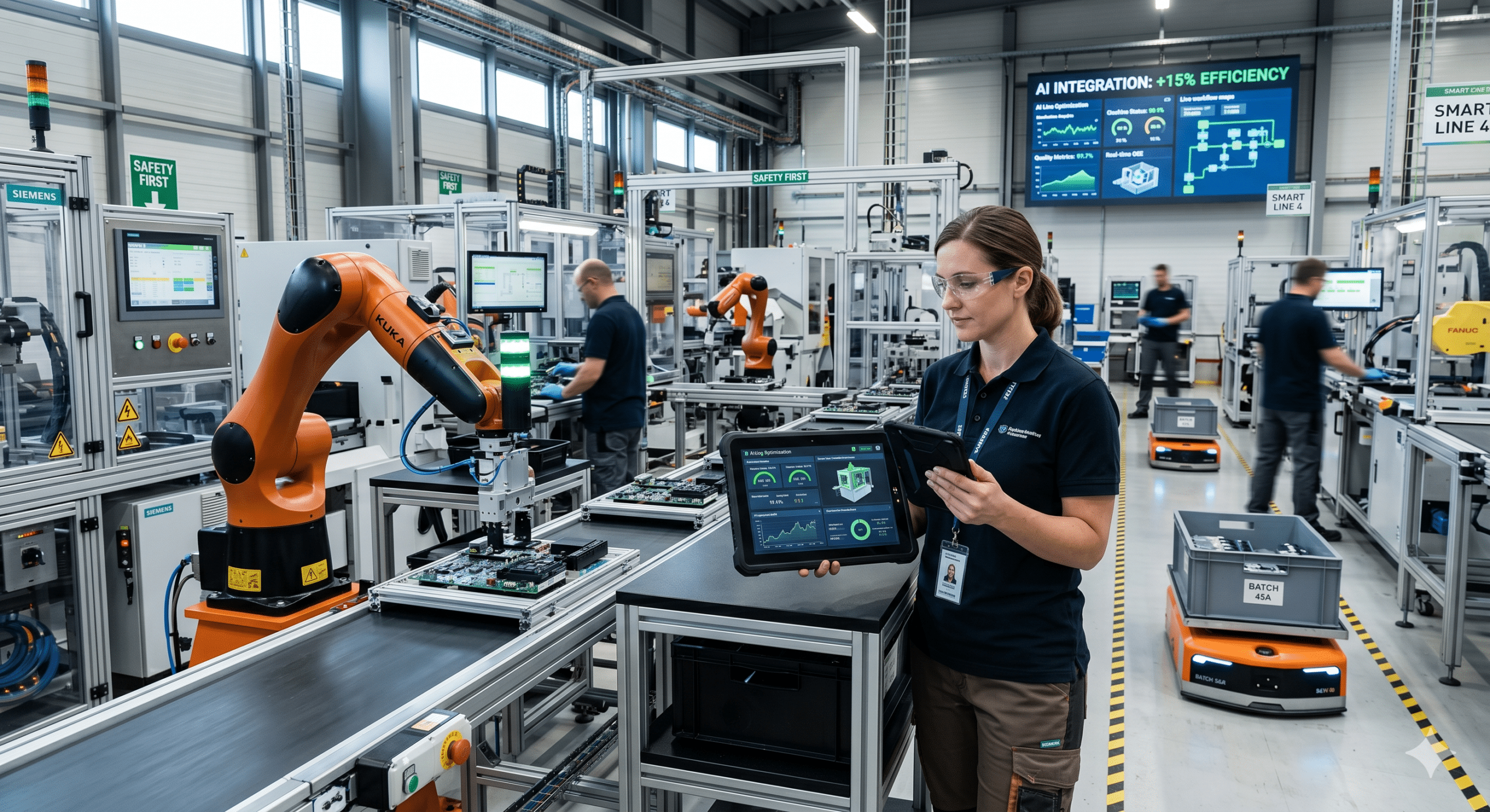 AI in manufacturing operations inside a smart factory with industrial robots, automation systems, and real-time production monitoring