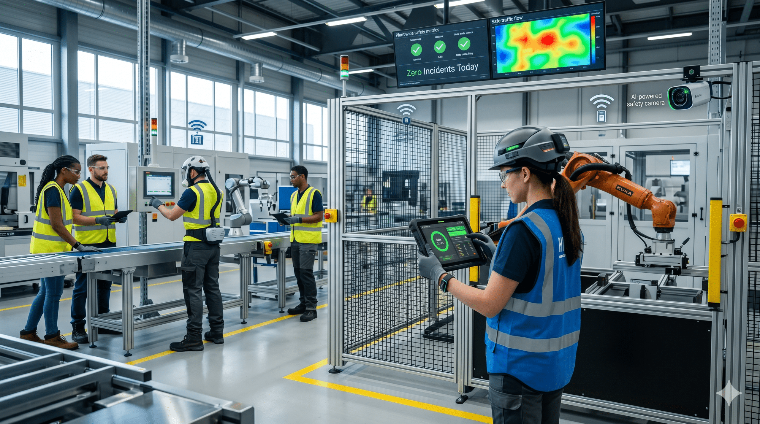 Accident prevention strategies in a smart factory with AI safety monitoring, robotics safeguards, connected sensors, and industrial workplace safety systems.