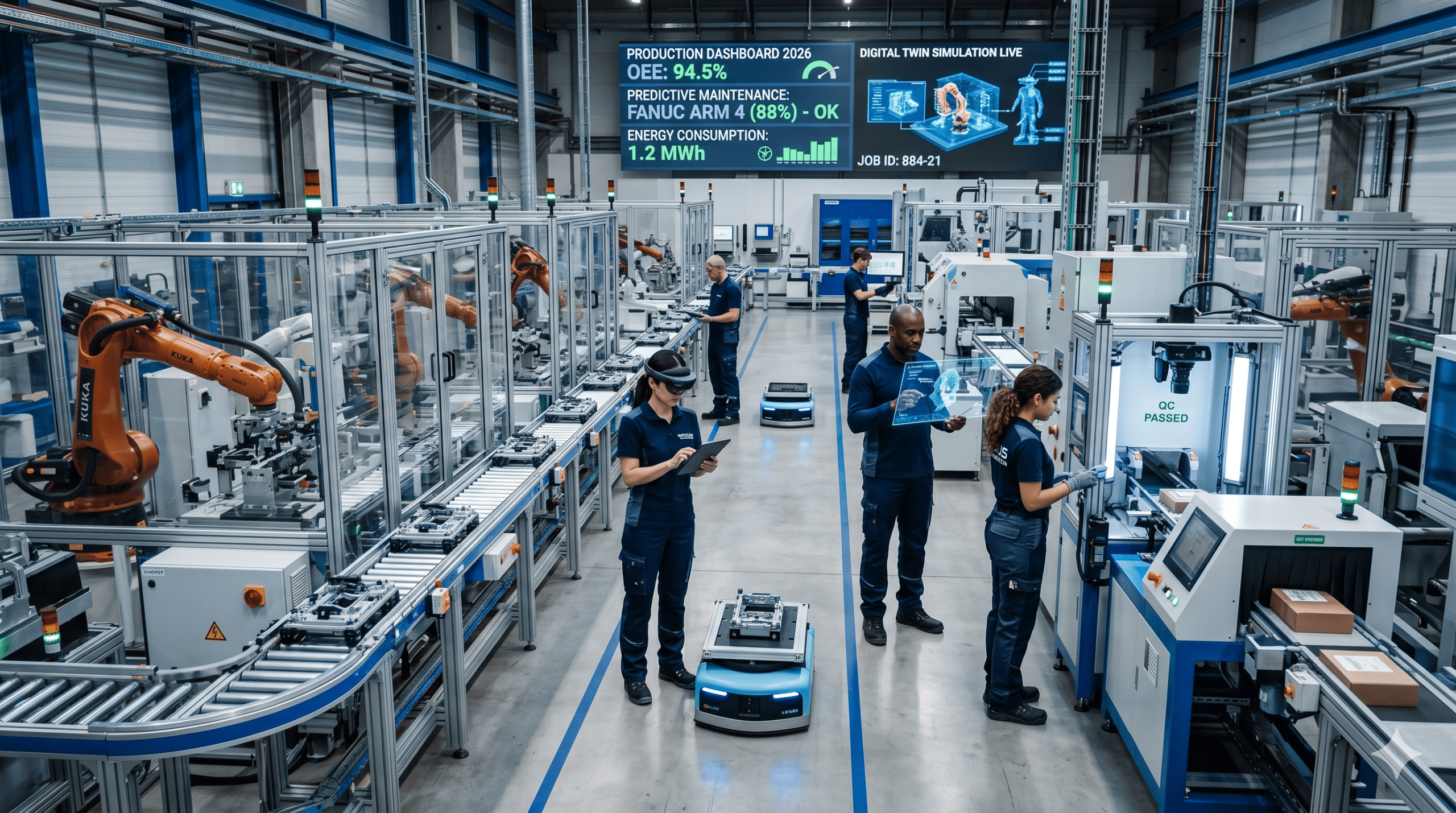 Automation in manufacturing with AI-powered robotics, digital twin technology, smart factory systems, and automated industrial production lines in 2026.