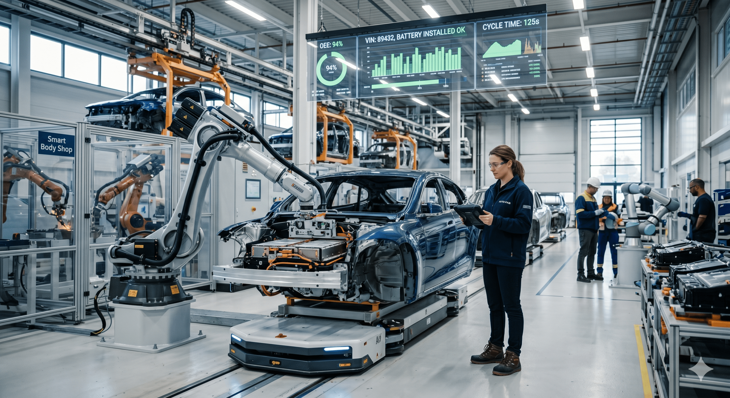 Automotive manufacturing business using robotics and smart factory automation for electric vehicle production