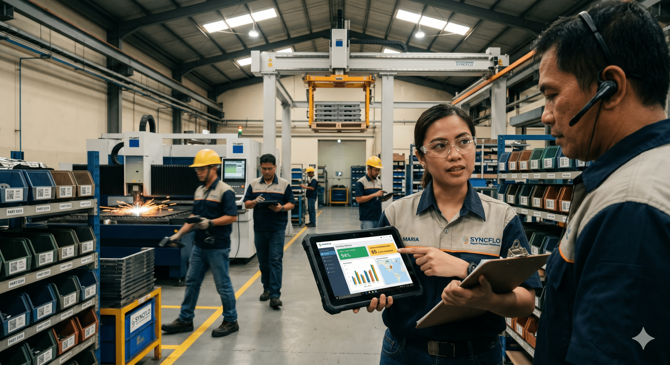 Inventory software manufacturing system used by factory workers for warehouse tracking and production management