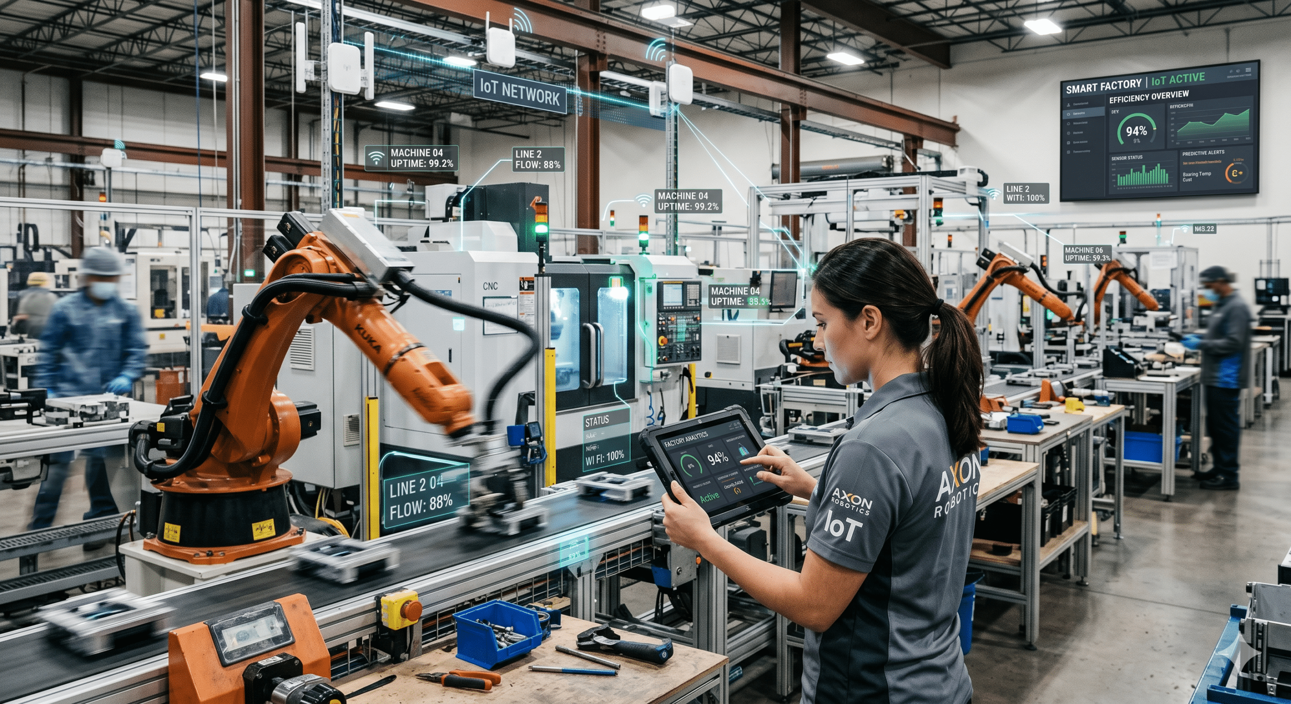 IoT in manufacturing smart factory with industrial robots, real-time production monitoring, and connected automation systems