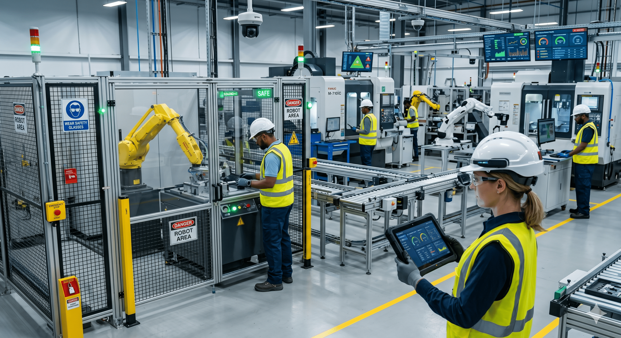 Machine safety protocols in a smart factory with robotic safety barriers, AI monitoring systems, PPE compliance, and automated industrial equipment.