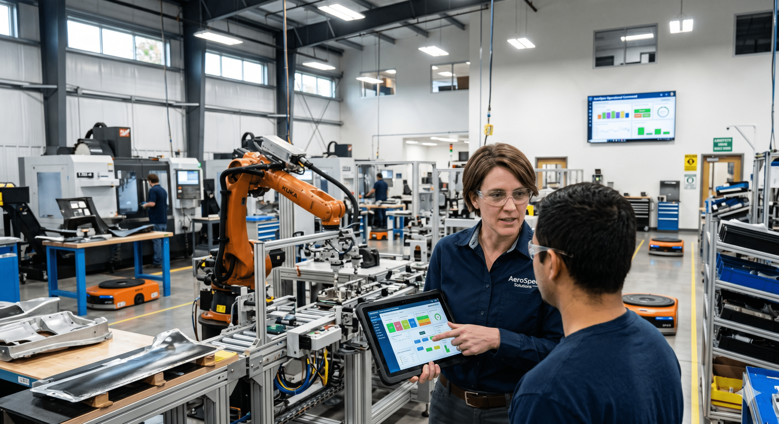 Manufacturing engineers using ERP software and automation systems inside a modern smart factory with robotic arms and real-time production dashboards.