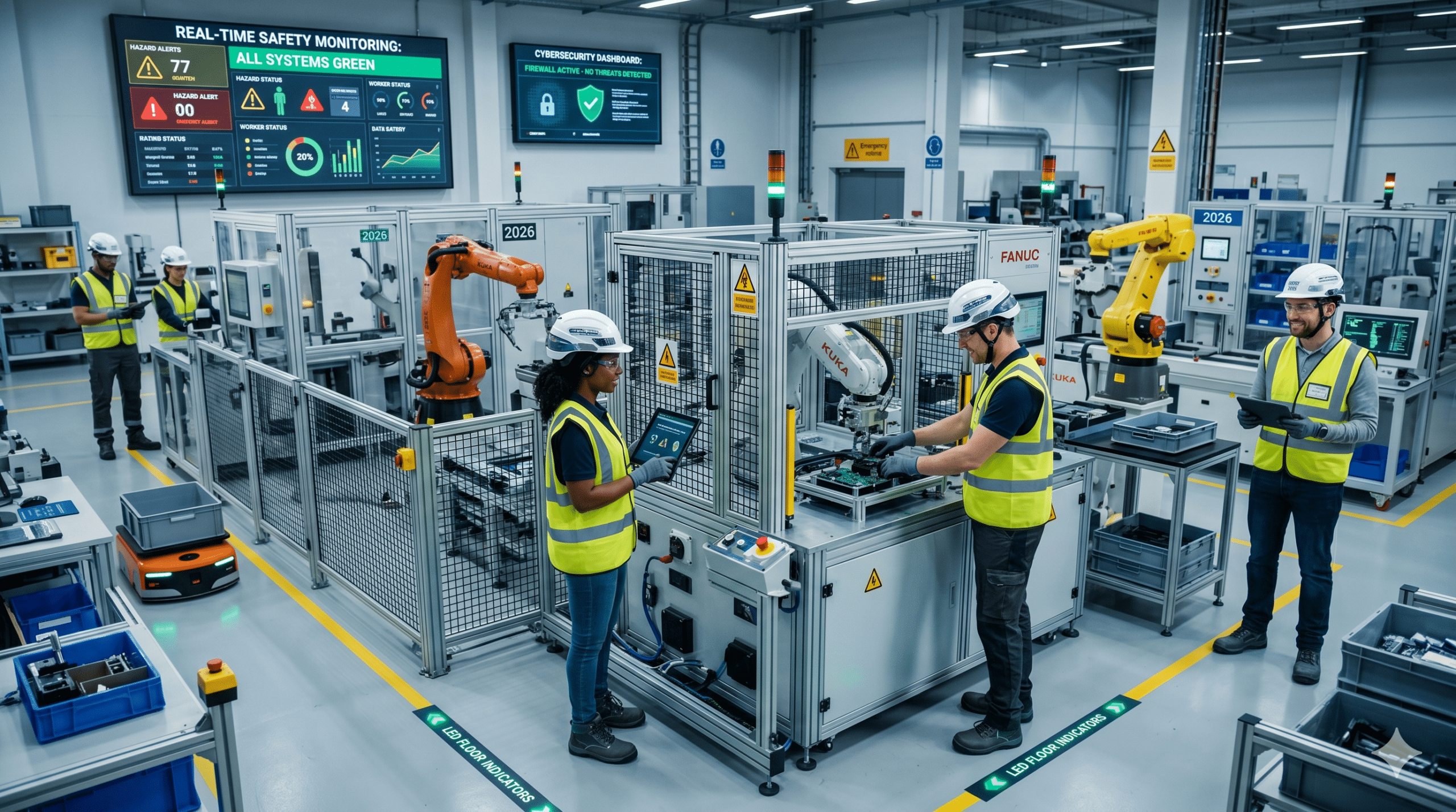 Manufacturing safety standards in a smart factory with robotics, real-time safety monitoring, automation systems, and industrial workers wearing PPE.